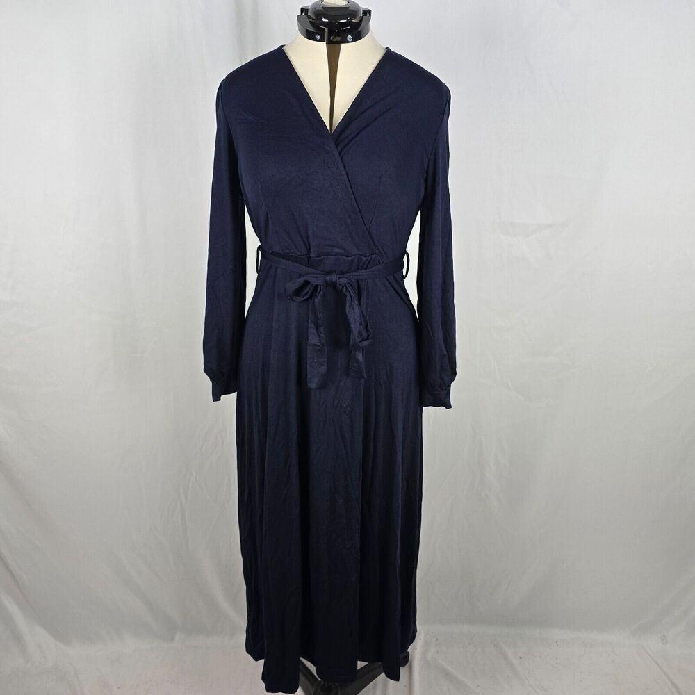 Nalanisa Wrap Dress Women's Large Navy Blue Party Long Sleeve Belted Long Length